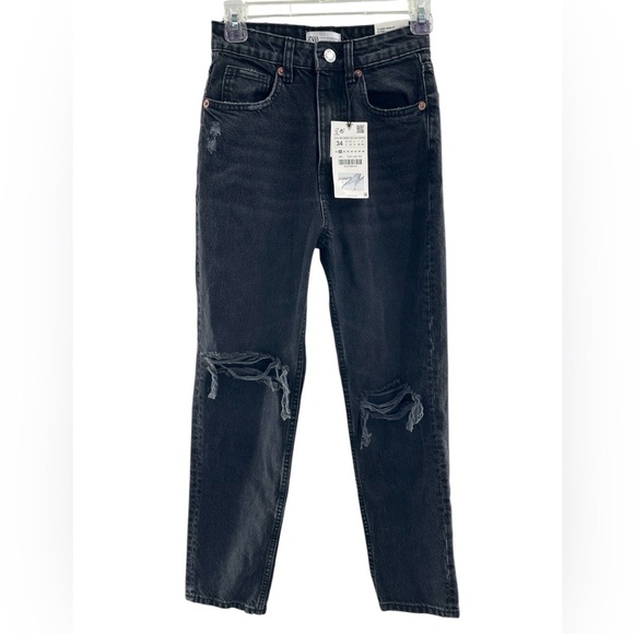 Zara Classic Mom Fit High Rise Distressed Black Jeans - Picture 1 of 10